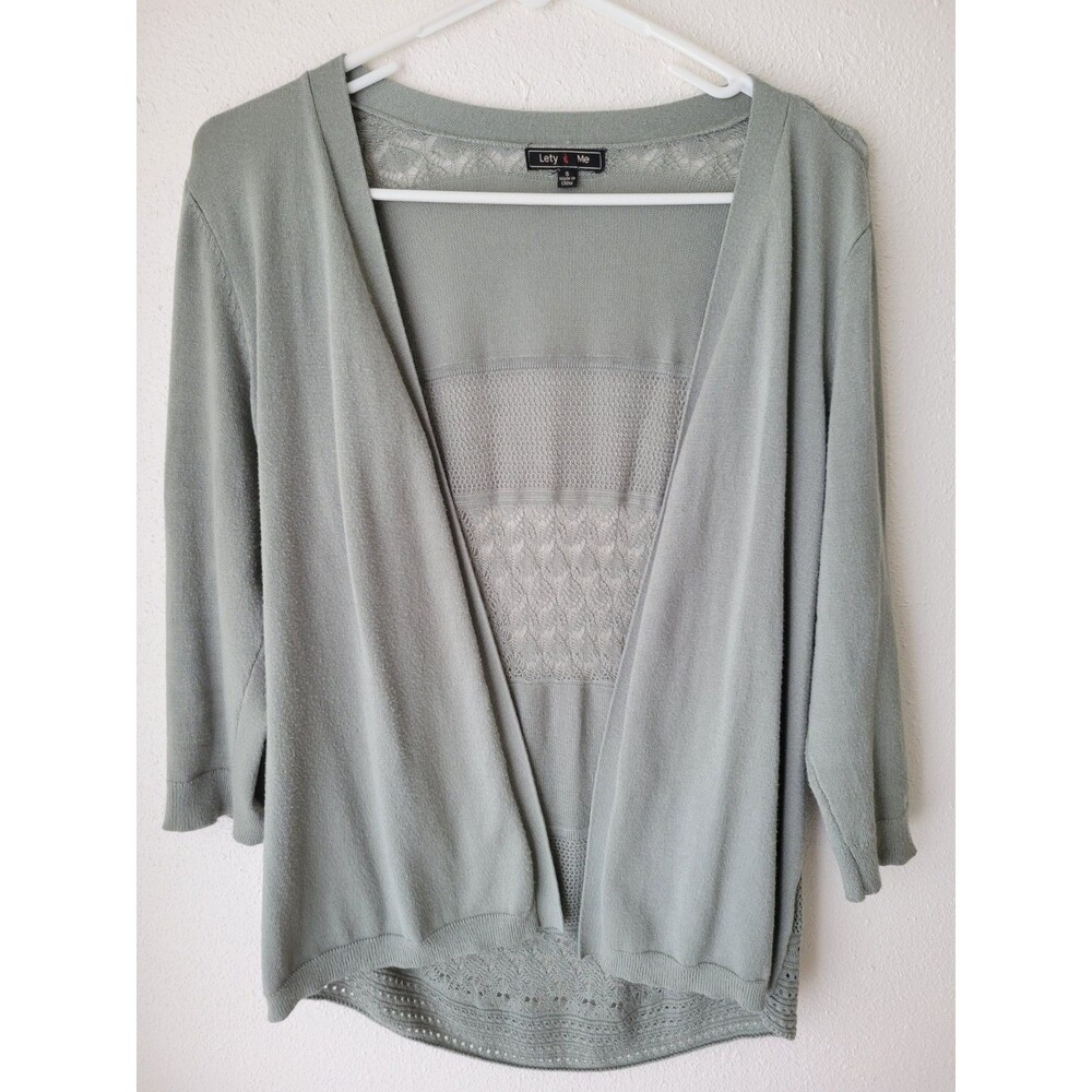 Lety & Me Open Front  Lace Cardigan Sage Green Lace Knit 3/4 Sleeve Womens Small